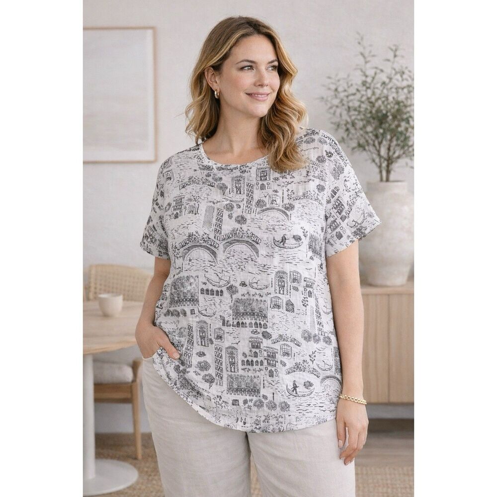 Cynthia Rowley Linen Top‎ Size 3X Black White Scenic Print Short Sleeve